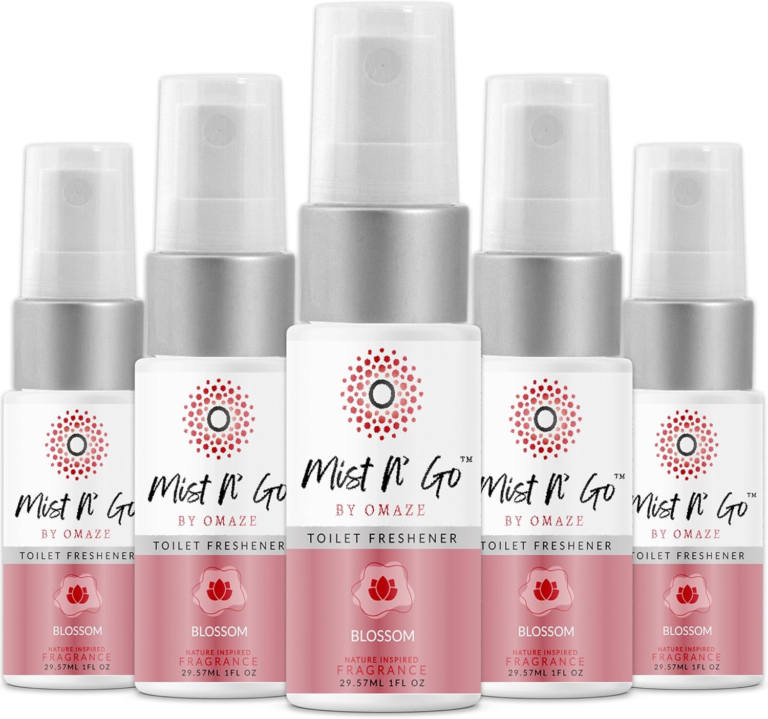 Mist N’ Go by Omaze Travel Bathroom Spray for Toilet Spray Odor Eliminator - Travel Toilet Spray for Bathroom Air Freshener Spray for Bathroom Deodorizer - Blossom Travel Size (1oz x5)