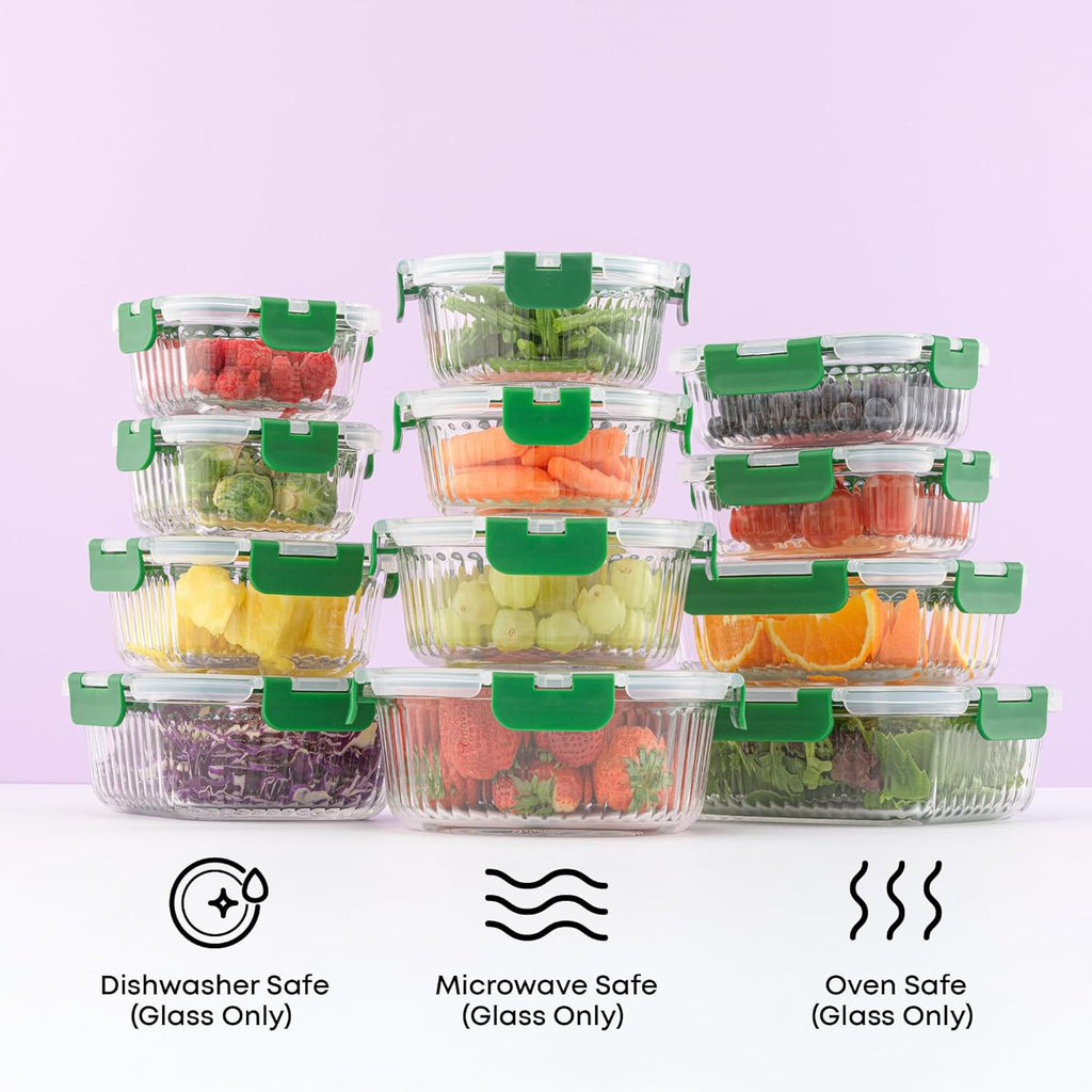 JoyJolt 24pc Borosilicate Glass Storage Containers with Lids | 12 Airtight/Freezer Safe Food Storage Containers for Pantry and Kitchen | Meal Prep Container for Lunch | Glass Tupperware Set