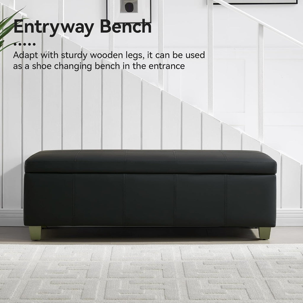 51" Faux Leather Storage Ottoman, Stitch Tufted Rectangle Upholstered End of Bed Storage Bench, Entryway Large Couch Ottoman with Wooden Legs, Dark Black