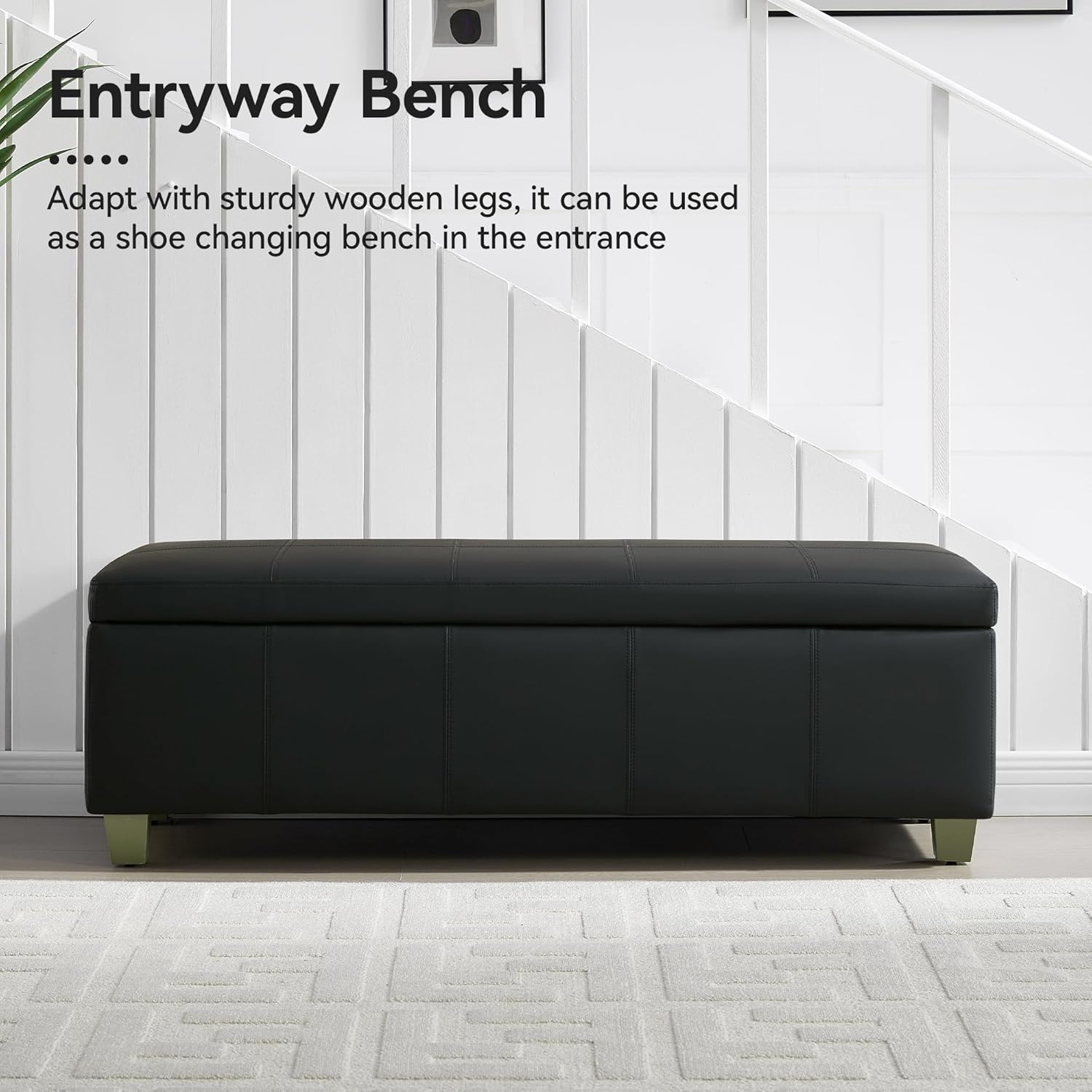 51" Faux Leather Storage Ottoman, Stitch Tufted Rectangle Upholstered End of Bed Storage Bench, Entryway Large Couch Ottoman with Wooden Legs, Dark Black