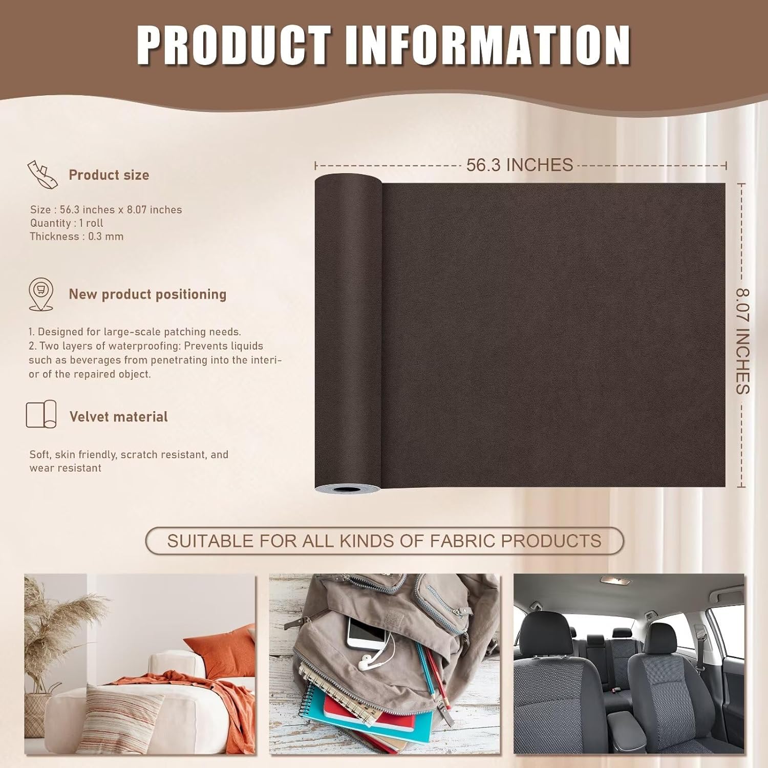 Azobur Couch Patches, Extra-Large Durable Fabric Tape, Ideal for Automotive Upholstery Repair, Waterproof, Self-Adhesive, Quickly Fix Sofas, Car Interiors, and Other Fabric Items (Dark Brown)