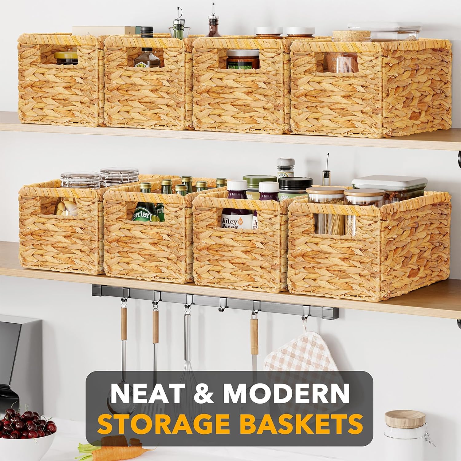SpaceAid 8 Pack Wicker Basket, Storage Baskets for Organizing, Woven Rattan Basket with Handles for Shelves, Water Hyacinth Large Cube Organizer Storage Bin, 13x8.2x7 inch, Natural