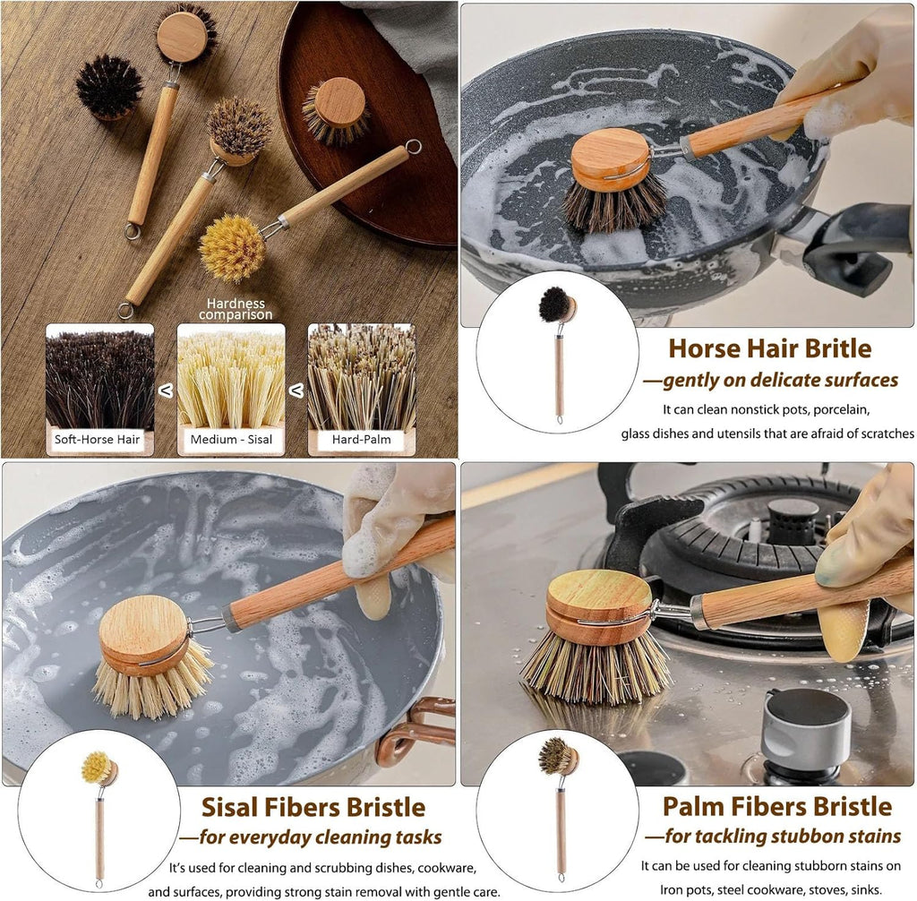Bamboo Dish Brush with Handle, 1 Sturdy Wooden Handle with 3 Natural Bristle Heads, Horsehair, Sisal, Palm - All Purpose Kitchen Scrubber, Bamboo Wok Brush, Fruit and Veggie Scrubber