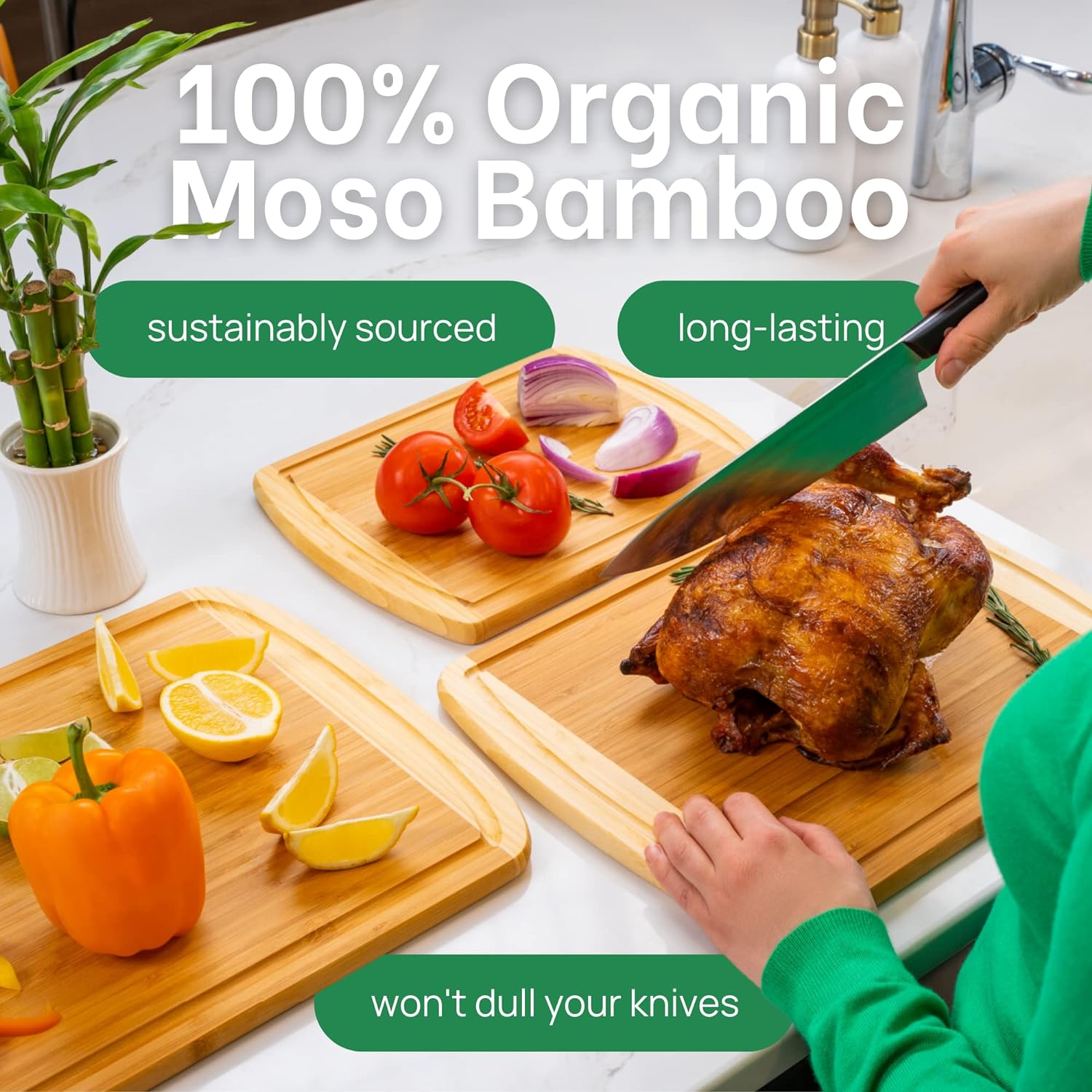 Extra Large Bamboo Cutting Board Set – Wood Cutting Boards for Kitchen, Non Toxic Cutting Board Set for Chopping, Slicing, Carving, Charcuterie – Ideal for Home Cooks, Entertaining, Family Meals