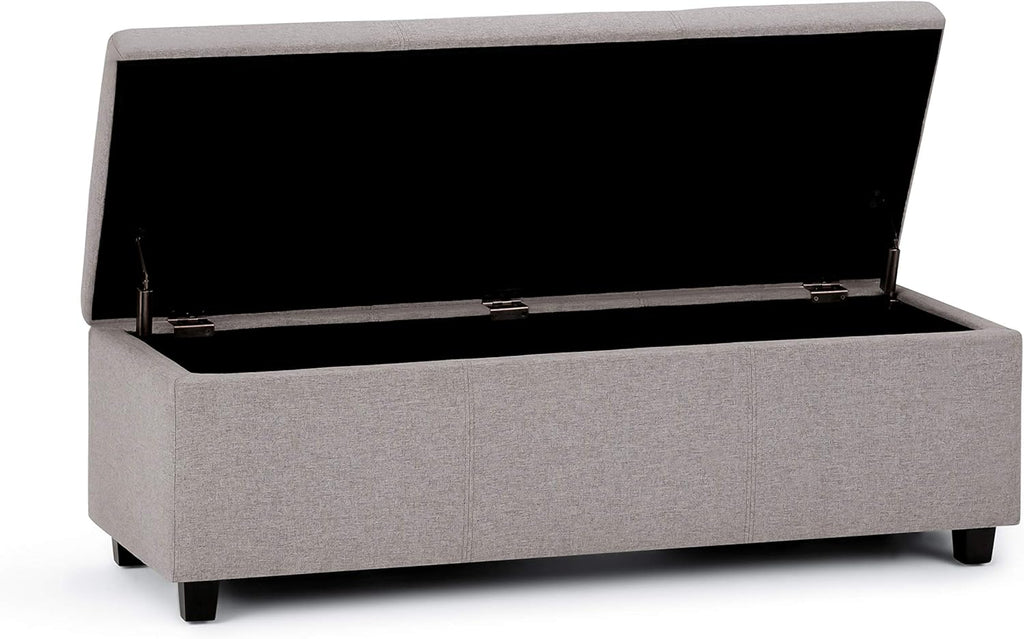 SIMPLIHOME Avalon 48 inch Wide Contemporary Rectangle Storage Ottoman Bench in Cloud Grey Linen Look Fabric, Assembled, for the Living Room, Entryway and Family Room