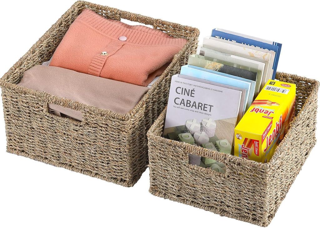HOONEX Large Wicker Baskets for Storage, Seagrass Baskets with Dual Handles, Woven Set of 2, Natural