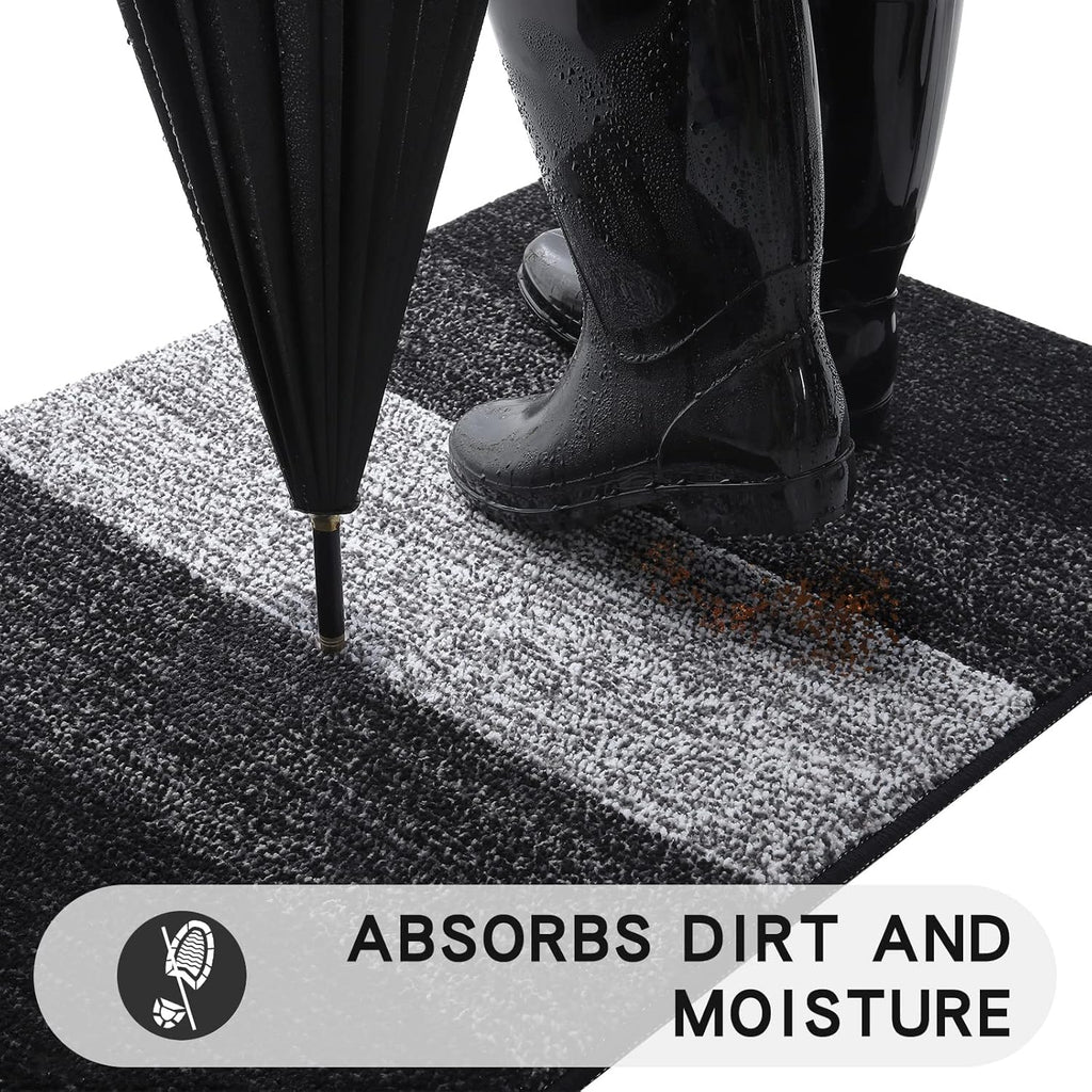 Kitinjoy Indoor Outdoor Door Mat, 24x16 Non-Slip Absorbent Dirt Trapper, Low-Profile Washable Inside Entrance Front Floor Mat, Sturdy Soft Entry Doormats for Entryway, Black