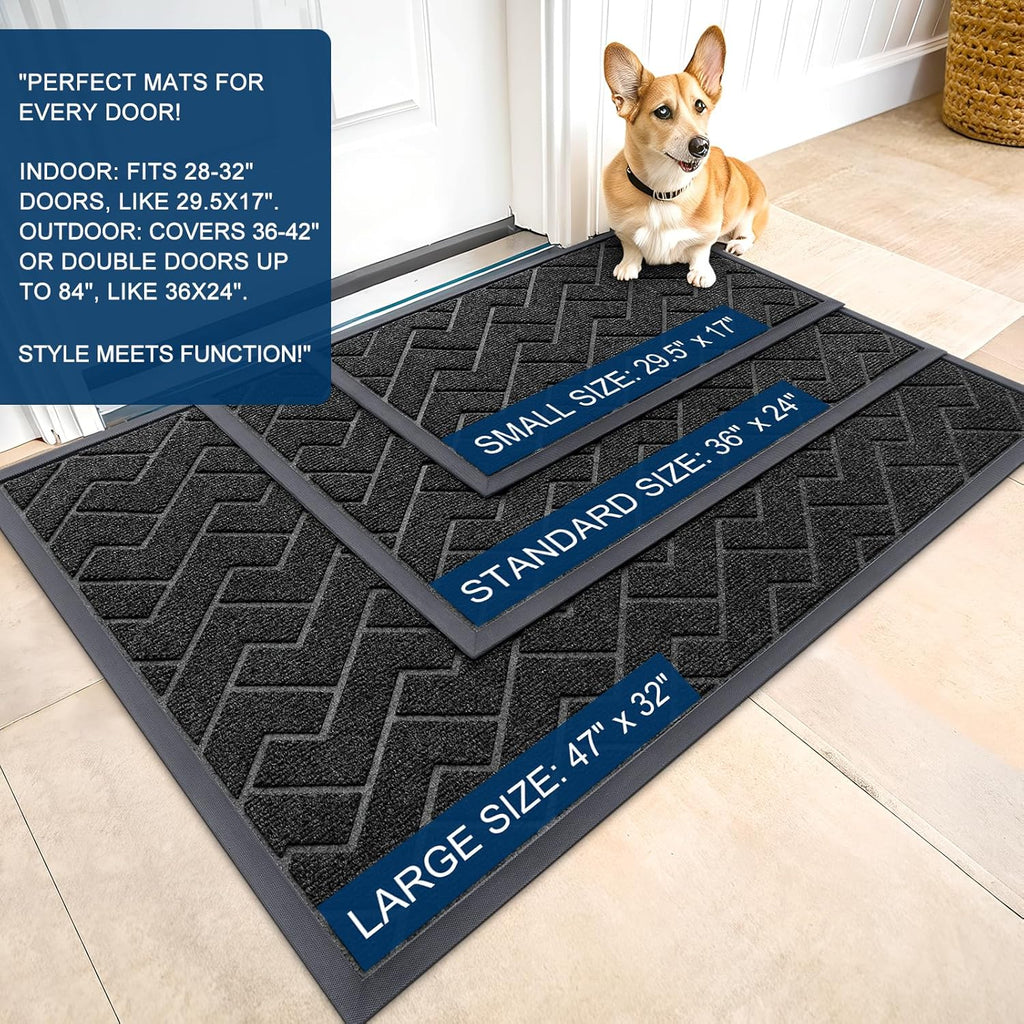 OLANLY Front Door Mat Indoor Outdoor Entrance, Waterproof All-Season, All-Weather Doormat, Sturdy Natural Rubber, Low Profile, Easy Clean Patio Porch Entryway Mat, Herringbone Brick (Black, 59x23)