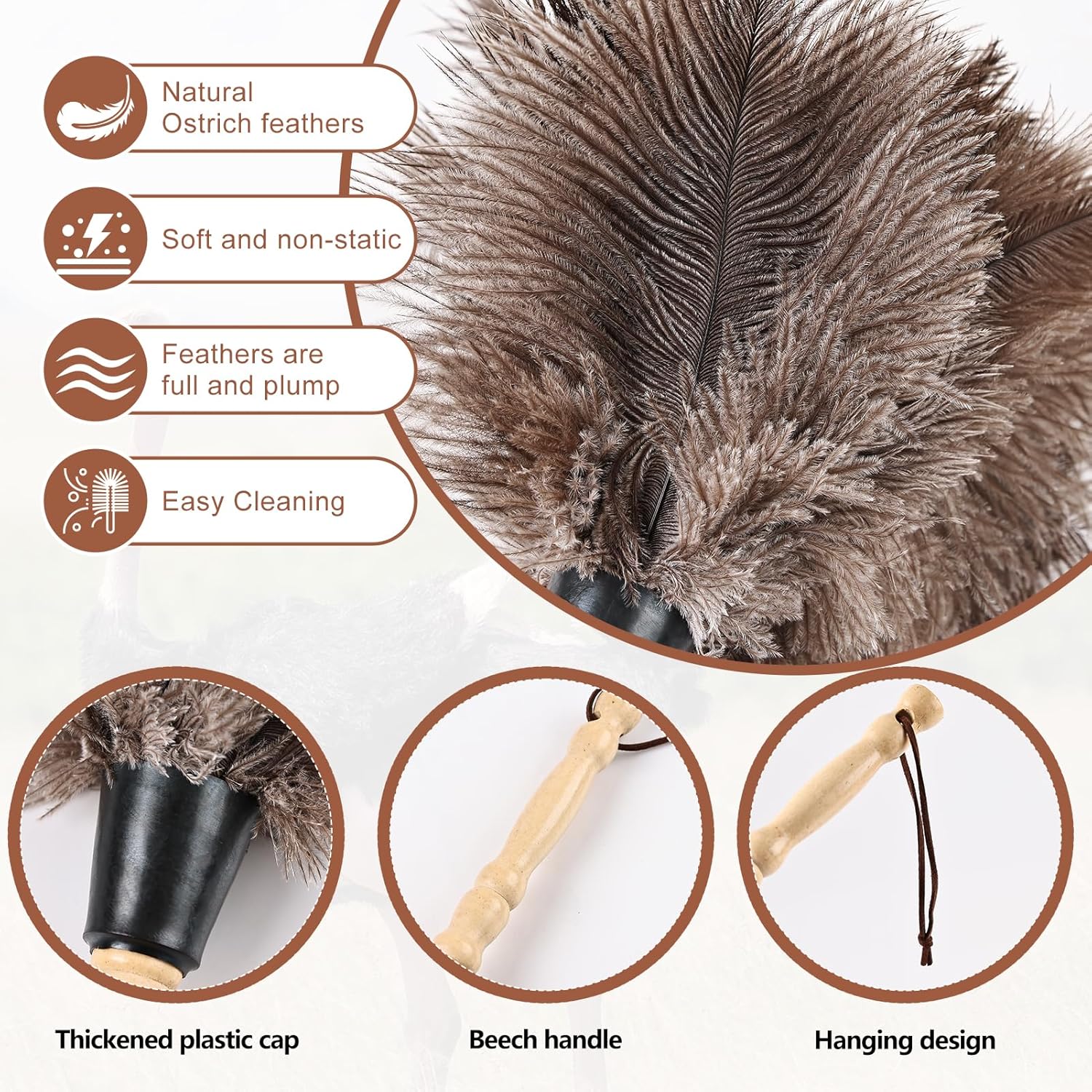 Ostrich Feather Duster 14" Natural Handheld Reusable Feathers Dusters with Wooden Handle for Cleaning Supplies Home Car Office(3PCS)