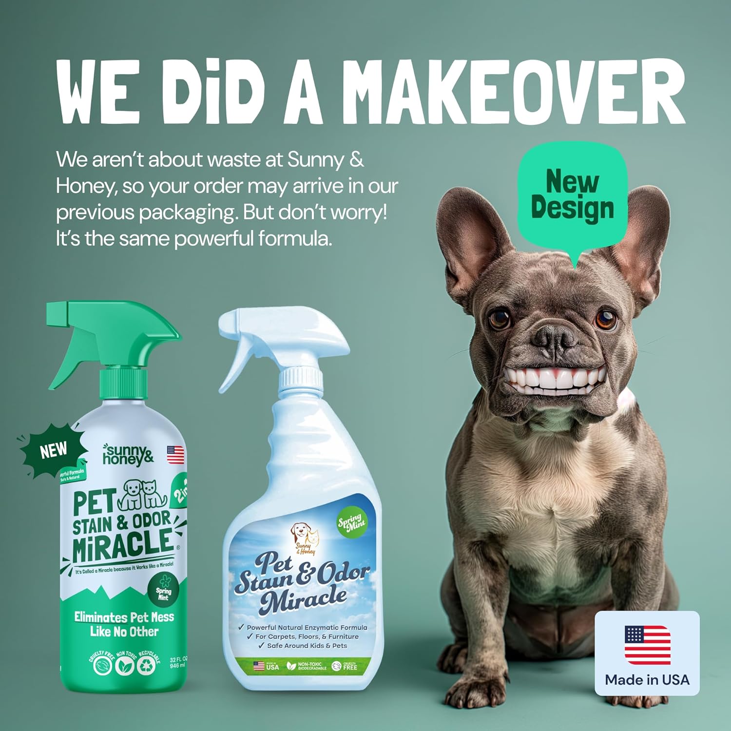 Sunny & Honey Pet Stain & Odor Miracle - 32 Fl Oz, Spring Mint Scent - Carpet Cleaner & Enzyme Spray for Carpets, Mattresses & Upholstery - Rug Shampoo & Dog Pee Cleaner & Odor Remover