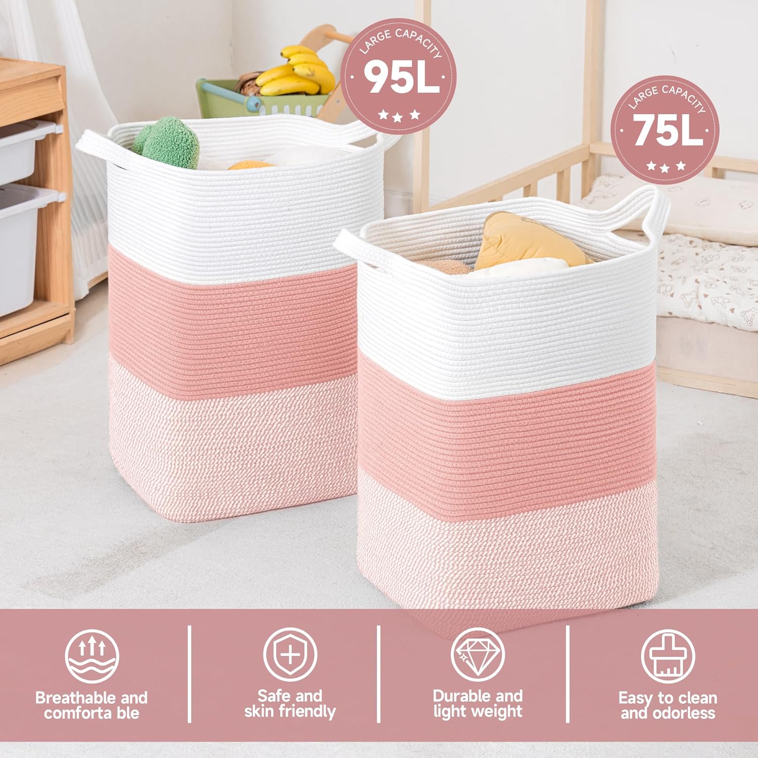 CLHMILY&Z 95L Laundry Basket Rectangular Pink Rope - 16x15x24 Inches - Dirty Clothes and Soft Storage Bin for Blankets, Toys, and Nursery Essentials