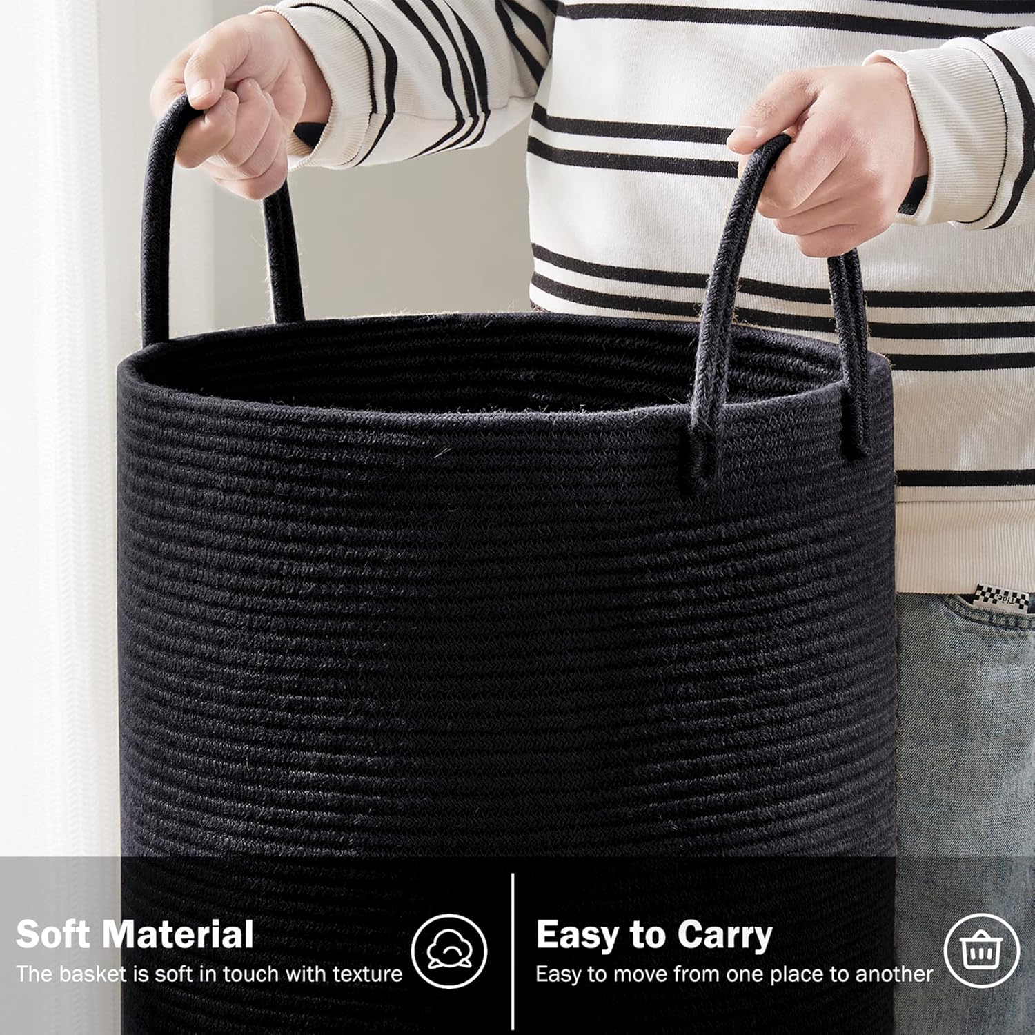 YOUDENOVA Woven Rope Laundry Hamper Basket, 58L Tall Laundry Basket, Baby Nursery Hamper for Blanket Storage in Bedroom-Large- Black