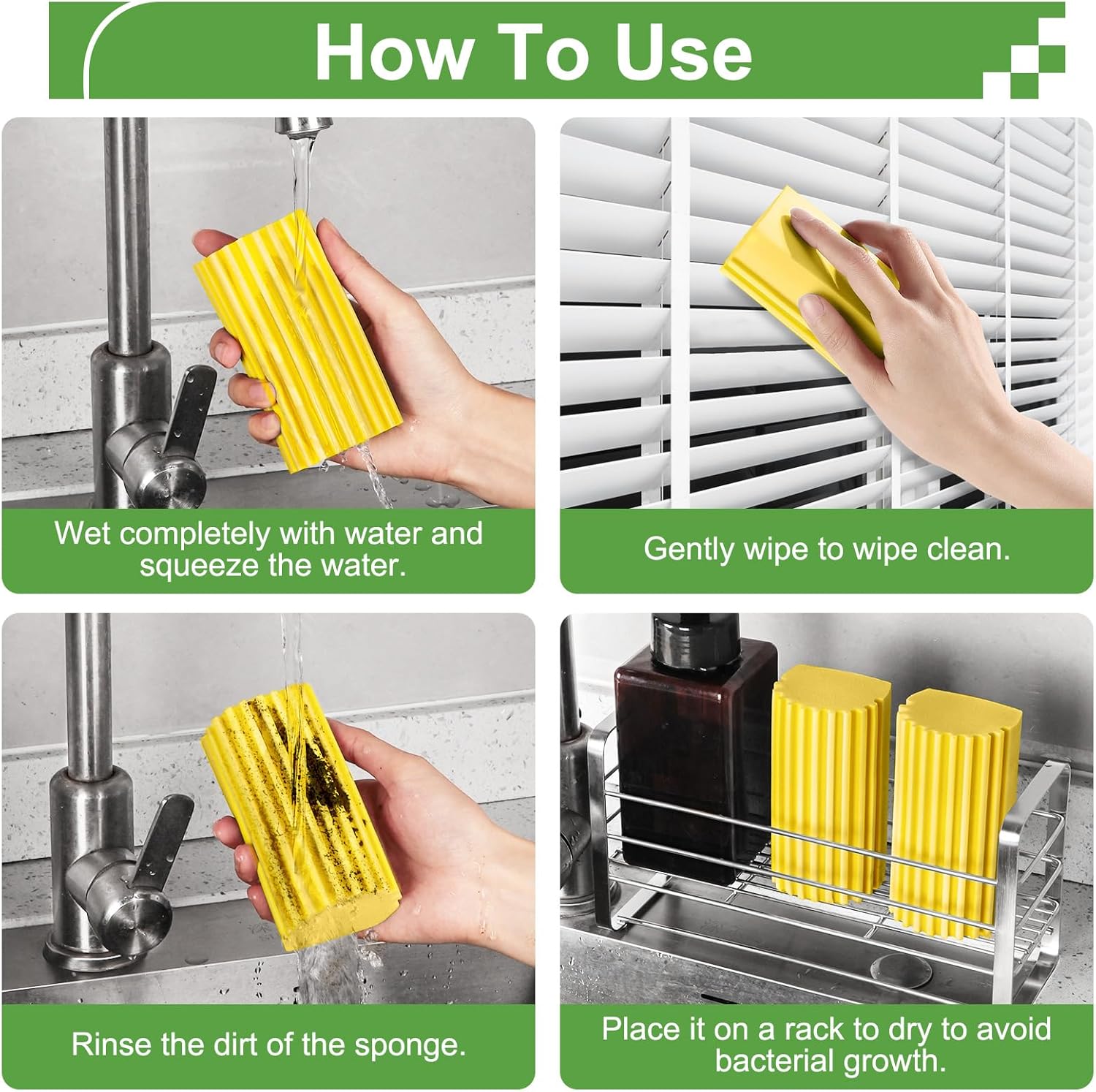4-Pack Damp Clean Duster Sponge, Sponge Cleaning Brush, Duster for Cleaning Blinds, Glass, Baseboards, Vents, Railings, Mirrors, Window Track Grooves and Faucets, Gray and Yellow