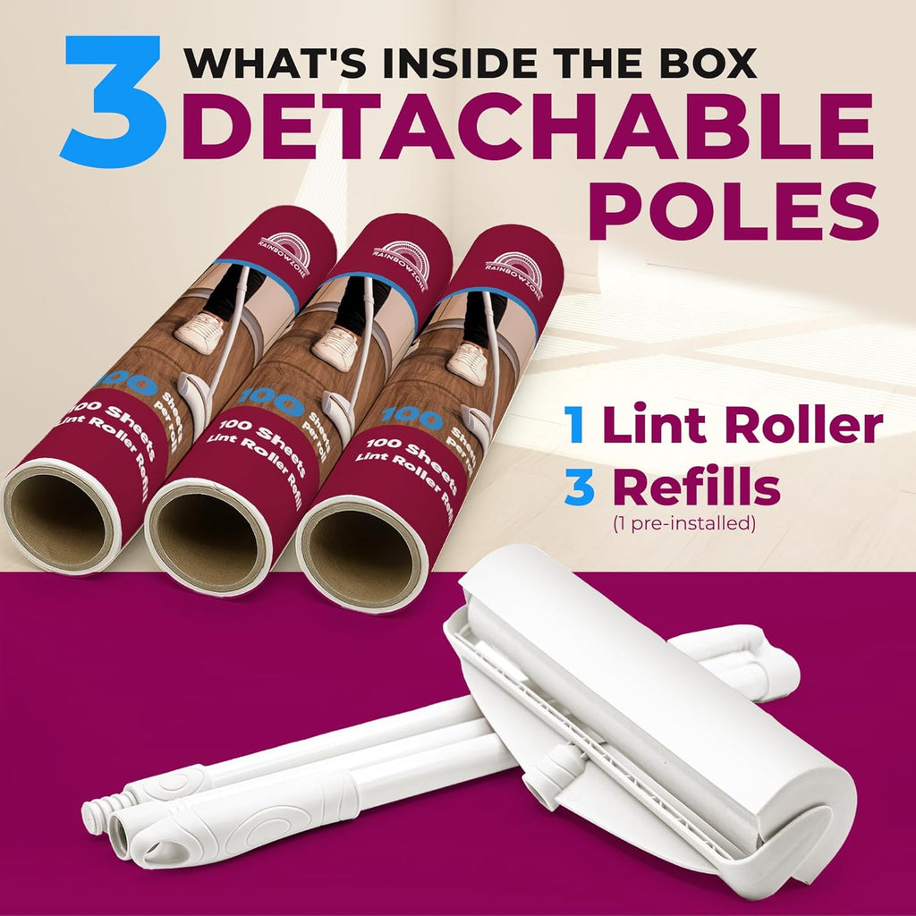 RainbowZone Large Lint Rollers plus 3 Rolls 9.5'' Extra Wide Total 300 sheets Giant Lint Roller Refills with 3 Extendable Long Handle for Pet Hair Removal and Household Cleaning (1 Roller + 3 Refills)
