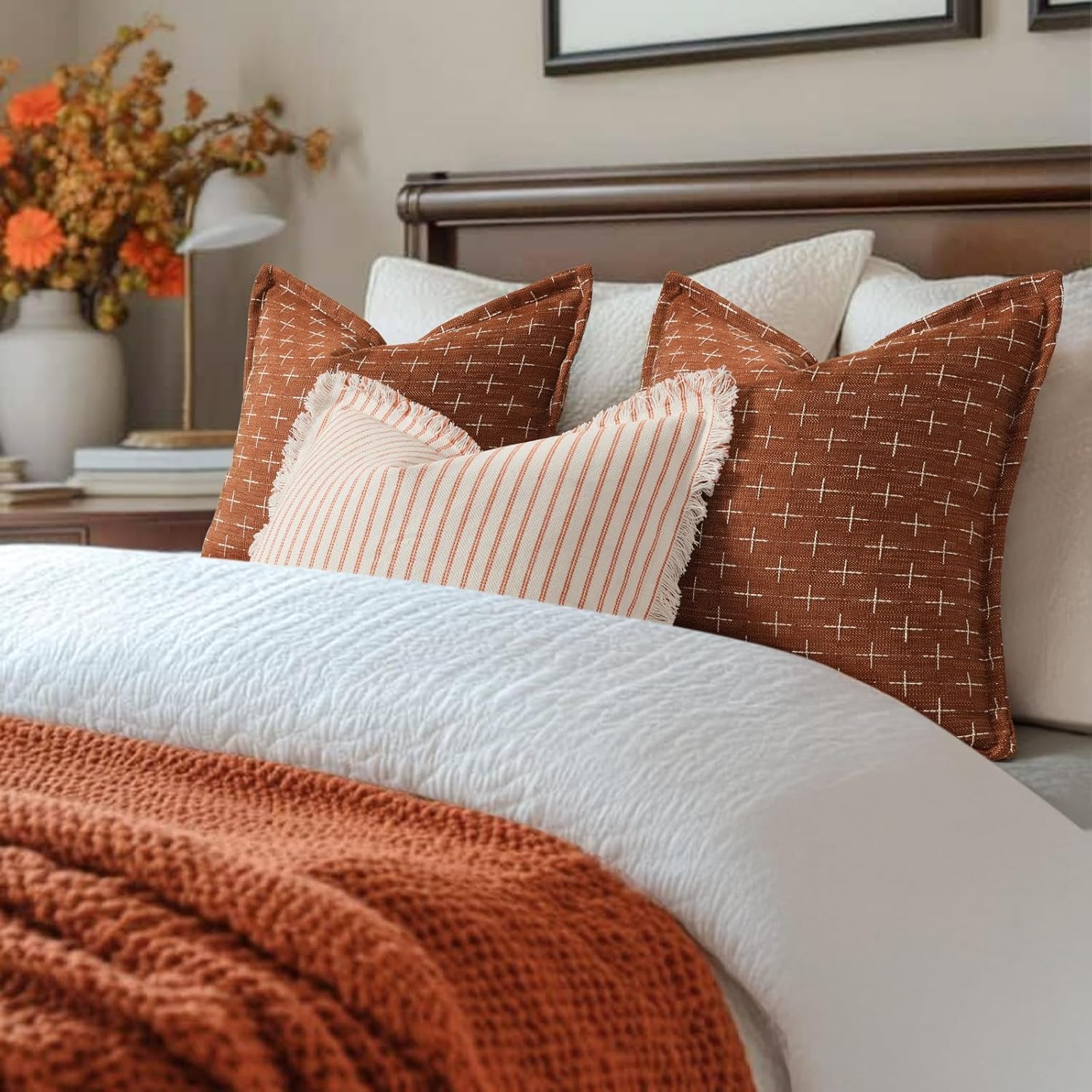 ZWJD Fall Throw Pillow Covers 26x26 Set of 2 Soft Polyester Textured Rust Pillow Covers with Stylish Flange Edge Cozy Farmhouse Throw Pillows for Couch Bed Sofa Living Room Fall Decor