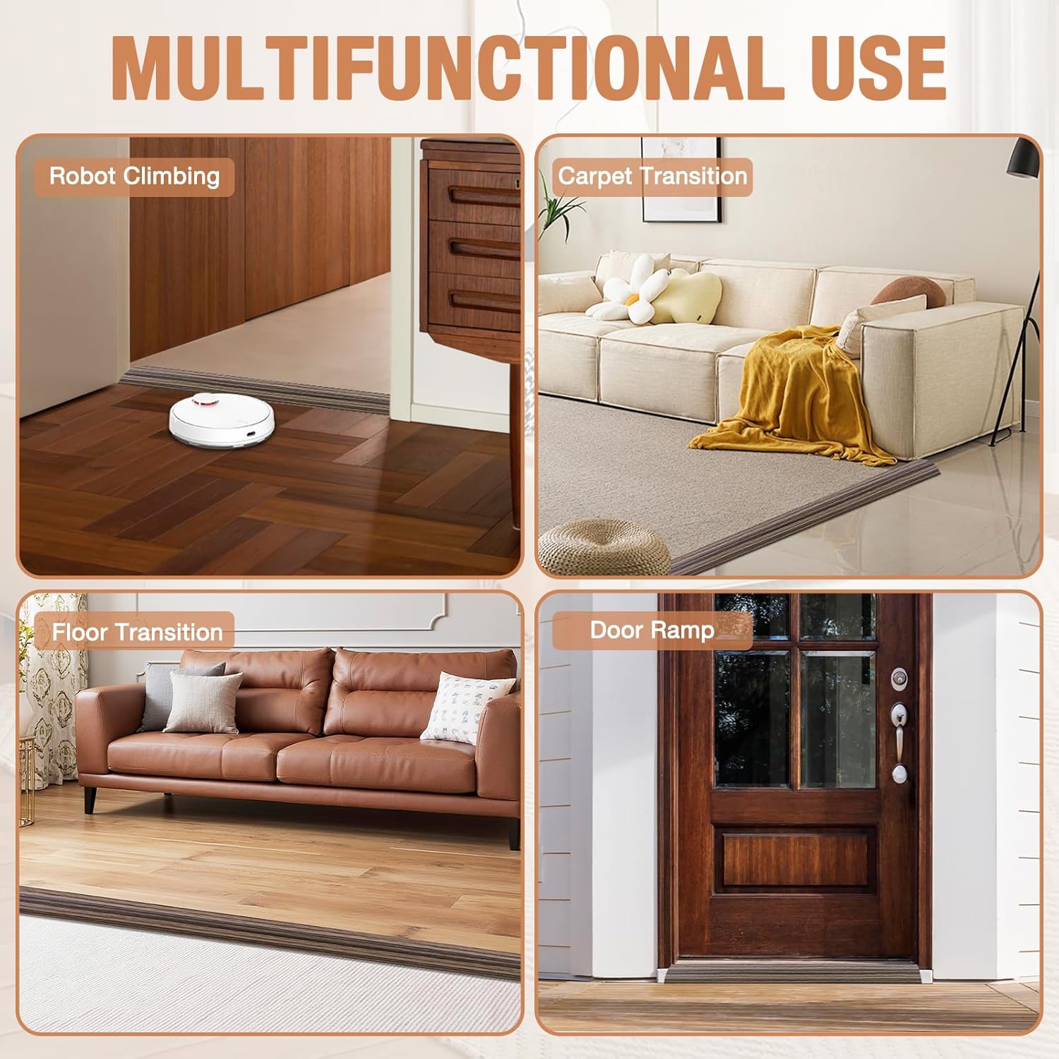 Floor Transition Strip Self Adhesive Vinyl Door Threshold for Doorways Carpet Edging Trim Overlap Edge Reducer for Laminate Floor, Carpet, Tile (Smoked Brown Wood Grain, 3/5" to 4/5", 10Ft)
