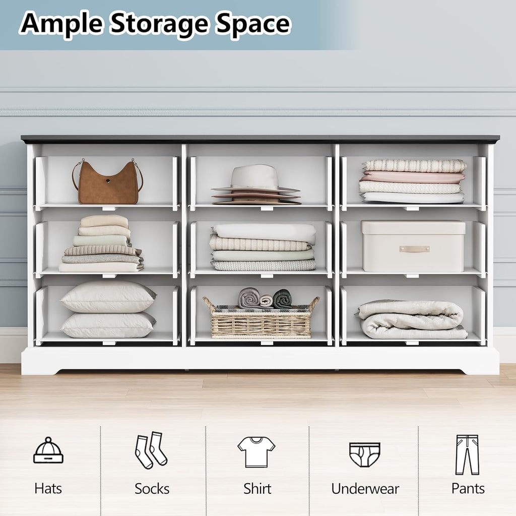 9 Drawer Dresser for Bedroom, 63" Wide Wooden Chest of Drawers, Rustic Farmhouse Dresser with Large Drawers & Metal Handles, Modern Storage Organizer for Closet, Living Room, Hallway, White