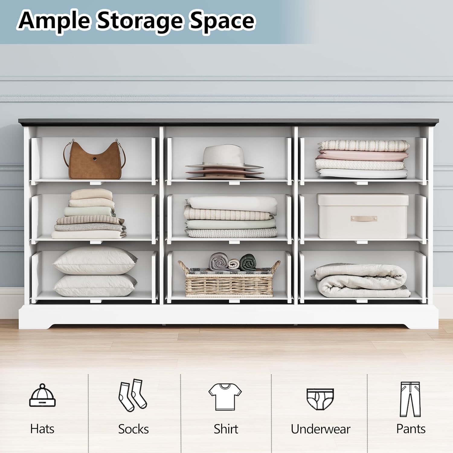9 Drawer Dresser for Bedroom, 63" Wide Wooden Chest of Drawers, Rustic Farmhouse Dresser with Large Drawers & Metal Handles, Modern Storage Organizer for Closet, Living Room, Hallway, White