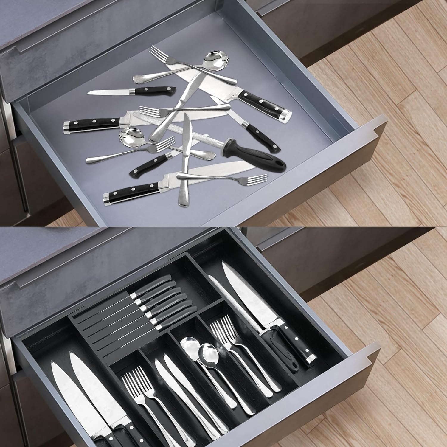 VaeFae Premium Bamboo Silverware Drawer Organizer Kitchen, Expandable Utensil Organizer with Knife Block, Cultery Tray with Divider for Flatware (Black)