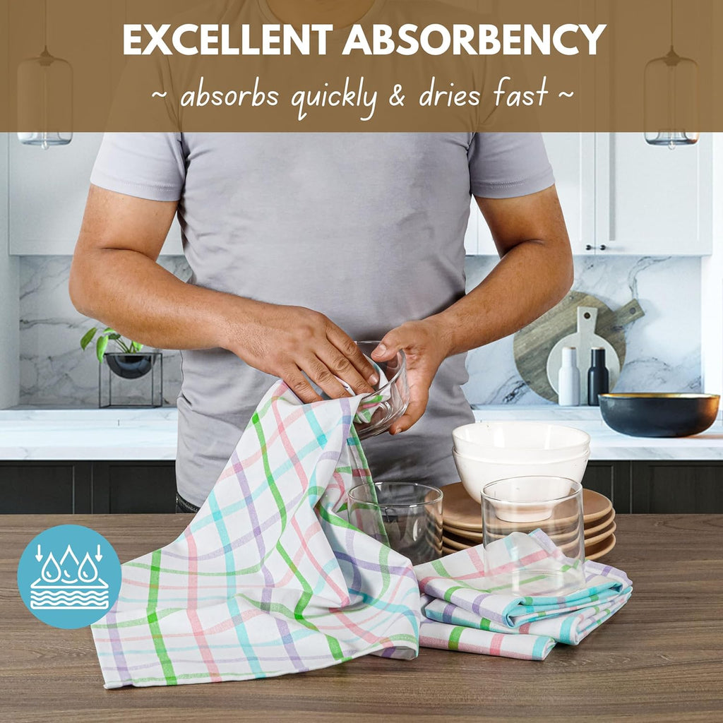 Native Fab Multi Color Check Kitchen Towels Set of 12, 100% Cotton, 16x26 Inch, Absorbent & Durable Dishcloth Set, Farmhouse Style Tea Towels for Rustic Kitchens, Cleaning, Cooking, Everyday Use
