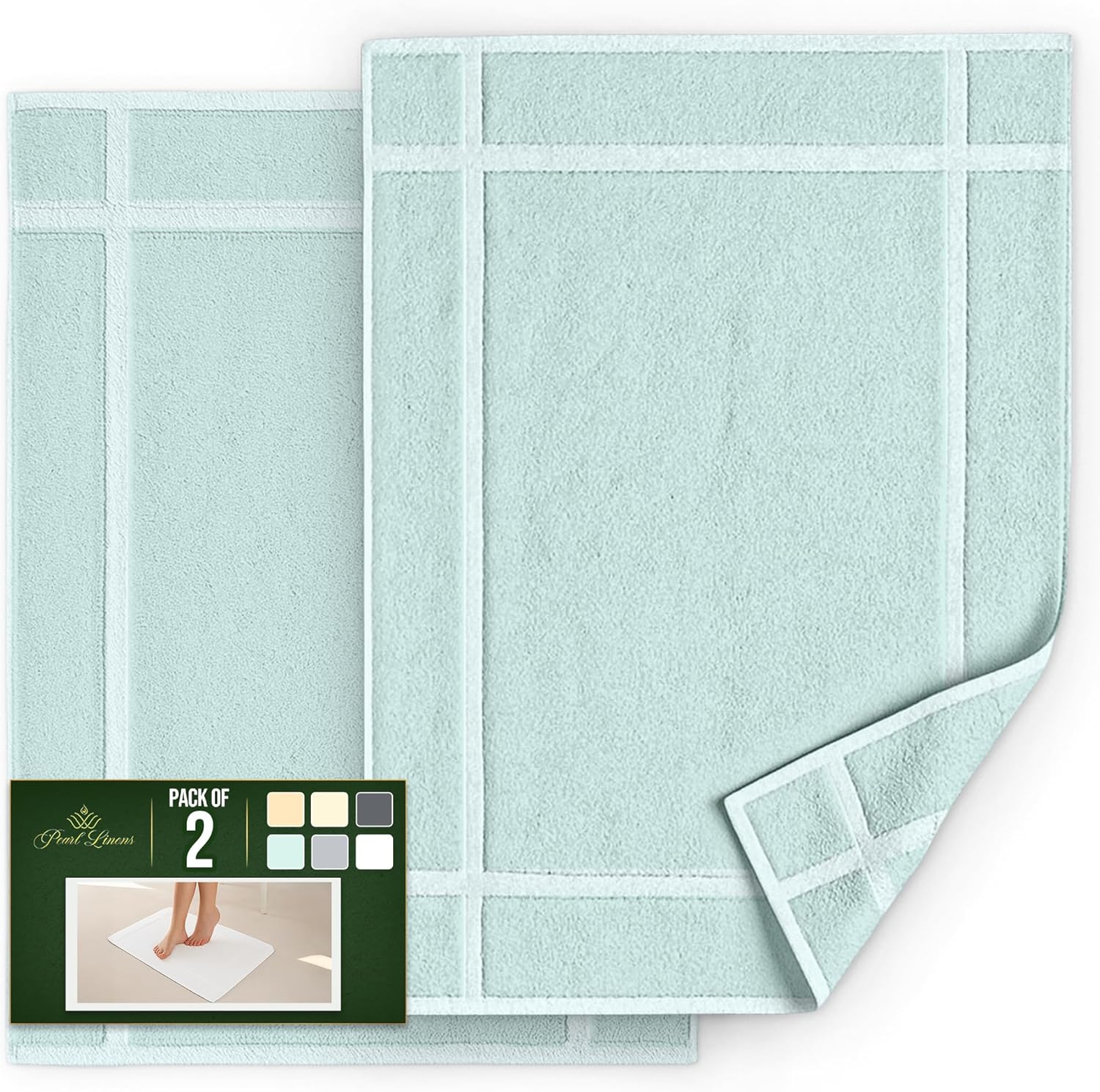 Pearl Linens Pack of 2 100% Cotton Bath Mat 18x25 inches, Soft & Absorbent Quick Dry Bathroom Mat Set, Not Bathroom Rugs, After Shower Mat, Bath Tub Mat, 687 GSM, Machine Washable, Mint Green