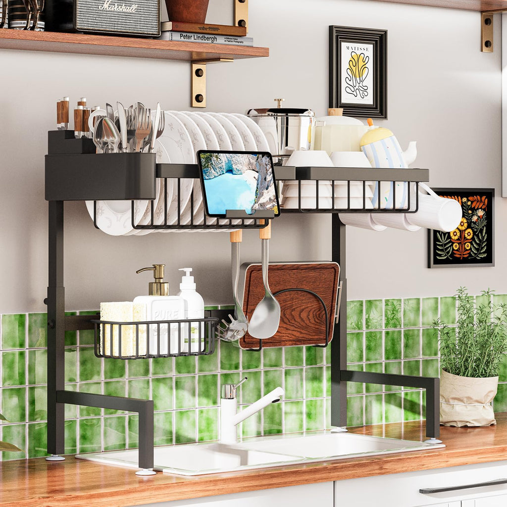 Over The Sink Dish Drying Rack, Expandable Height and Length, 2 Tier Large, Stainless Steel, 24-35.5 inches L x 12 inches W x 19-22 inches H