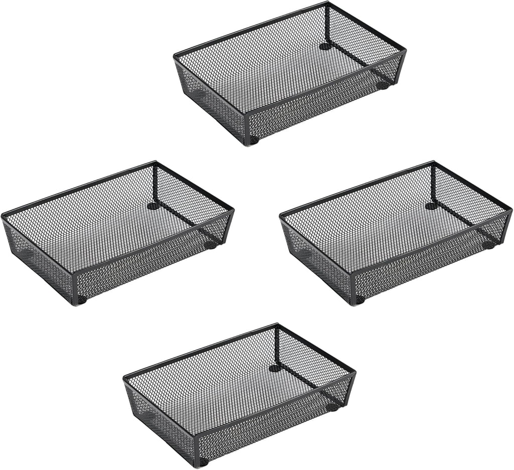 BYCY 4 Pack Silverware Drawer Organizer, Mesh Utensil Organizer for Kitchen Storage, Black Steel Metal Mesh Tray for Flatware Fork Spoon Knife (9 x 6 x 2 Inch,black)