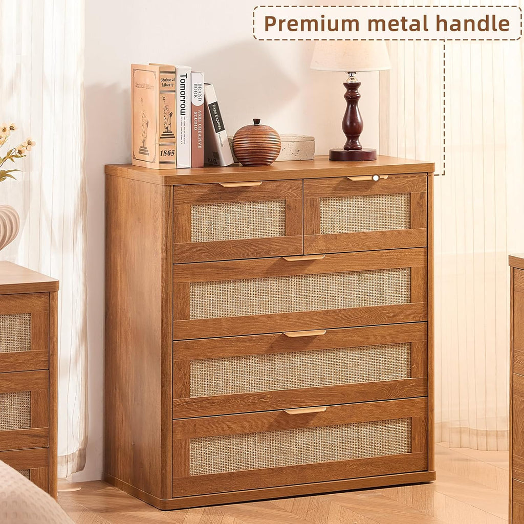 LEYAOYAO Rattan Dresser for Bedroom Set of 2, 33.5" Tall Chest of Drawers, Modern 5 Drawers Boho Dressers with Storage, Vintage Brown Dresser Wooden Closet Organizer for Living Room, Hallway