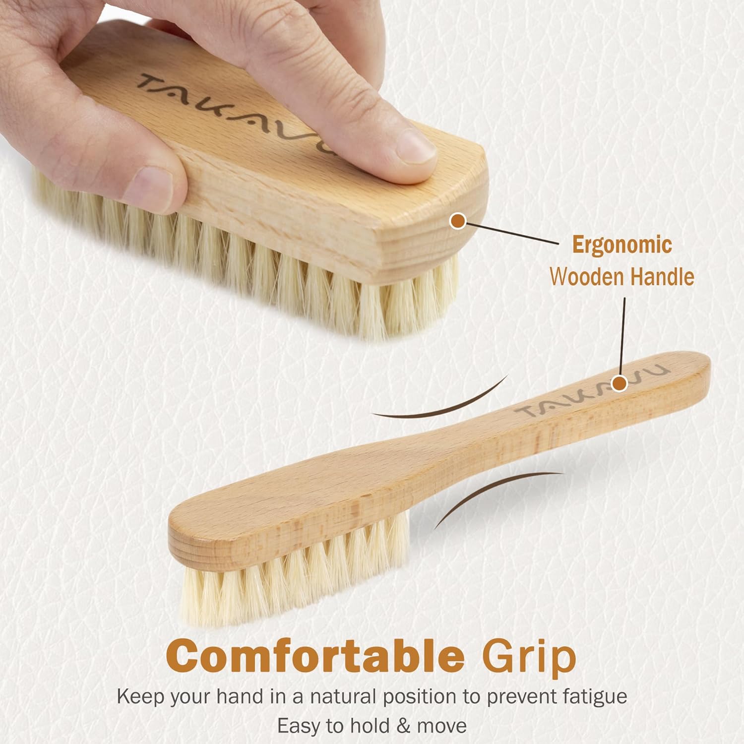 TAKAVU Leather & Upholstery Cleaning Brush Set, Pure White Boar Hair Bristle, to Clean Car Seats, Leather Sofas, for Alcantara, Interiors, Furniture, Boots, Shoes, Bags and More