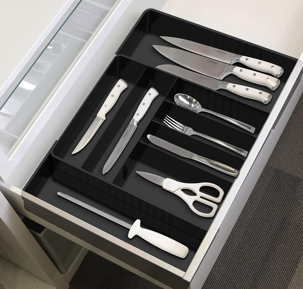 Simple Houseware Expandable Kitchen Drawer Flatware Organizer, Black – Adjustable Cutlery Tray with 9 Compartments for Utensils and Silverware