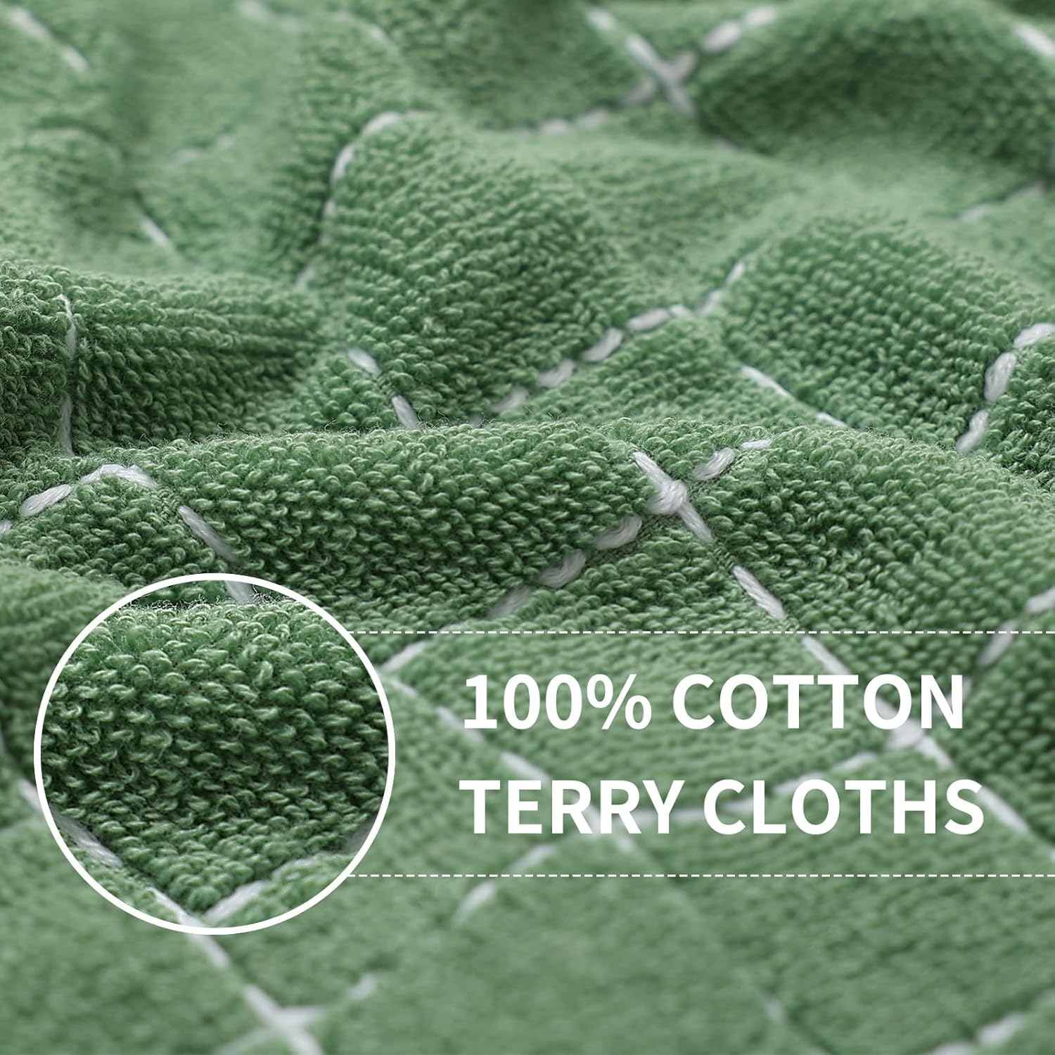 Homaxy 100% Cotton Terry Kitchen Towels(Grass Green, 13 x 28 inches), Checkered Designed, Soft and Super Absorbent Dish Towels, 6 Pack
