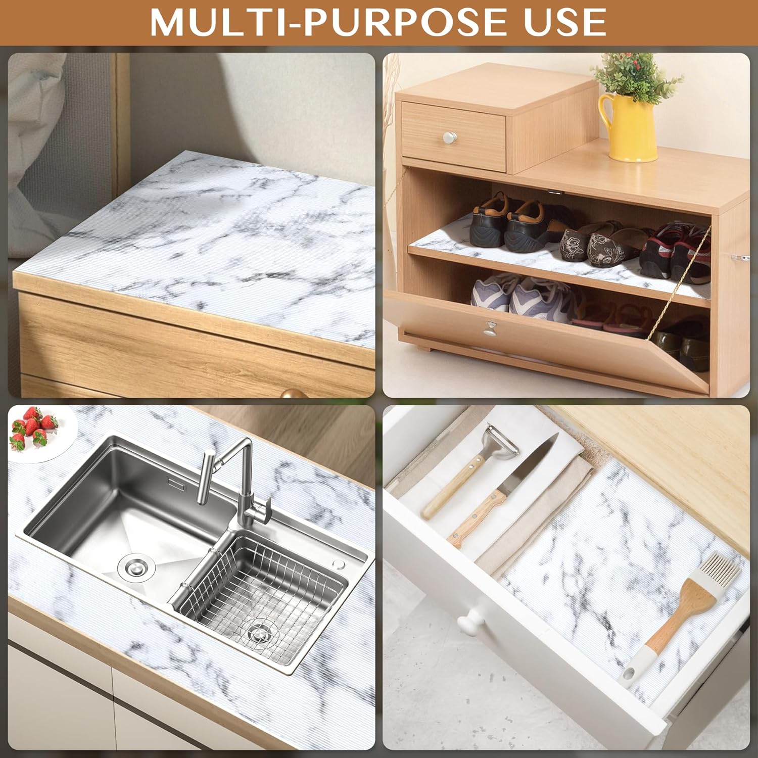 Non-Adhesive Shelf and Drawer Liner for Kitchen Cabinets, 12 in x 20FT Strong Non-Slip Cabinet Liners for Shelves, Refrigerator, Pantry Storage, Bathroom Closet, Easy to Clean, Marble