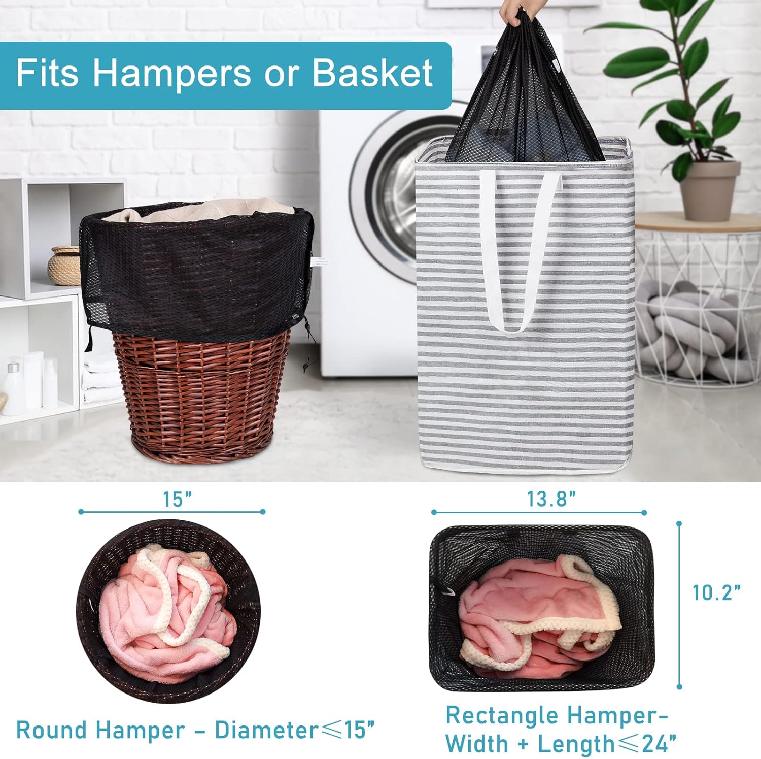 Polecasa Diamond Mesh Laundry Bags, 24 x 36 inches Heavy Duty Mesh Laundry Bag with ID Tag and Drawstring Closure, Large Laundry Hamper Liner, Washable Laundry Bags for Travel, Sports, Dorms (Black)