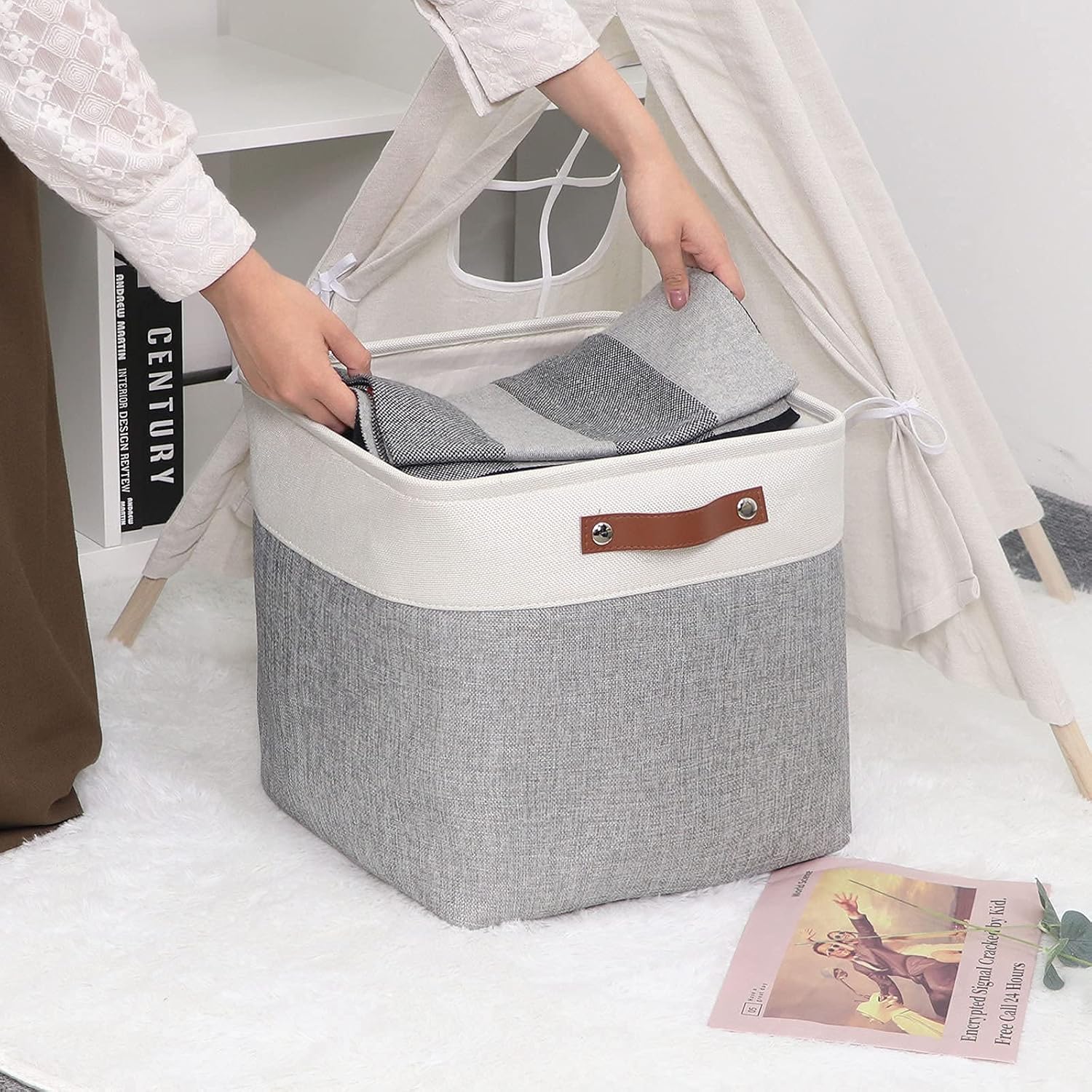 DULLEMELO Cube Basket for Storage, Collapsible Fabric Cube for Organizing, Storage Cube for Closet, Laundry, Nursery, Shelves, Decorative Basket for Gifts Empty (White&Gray)