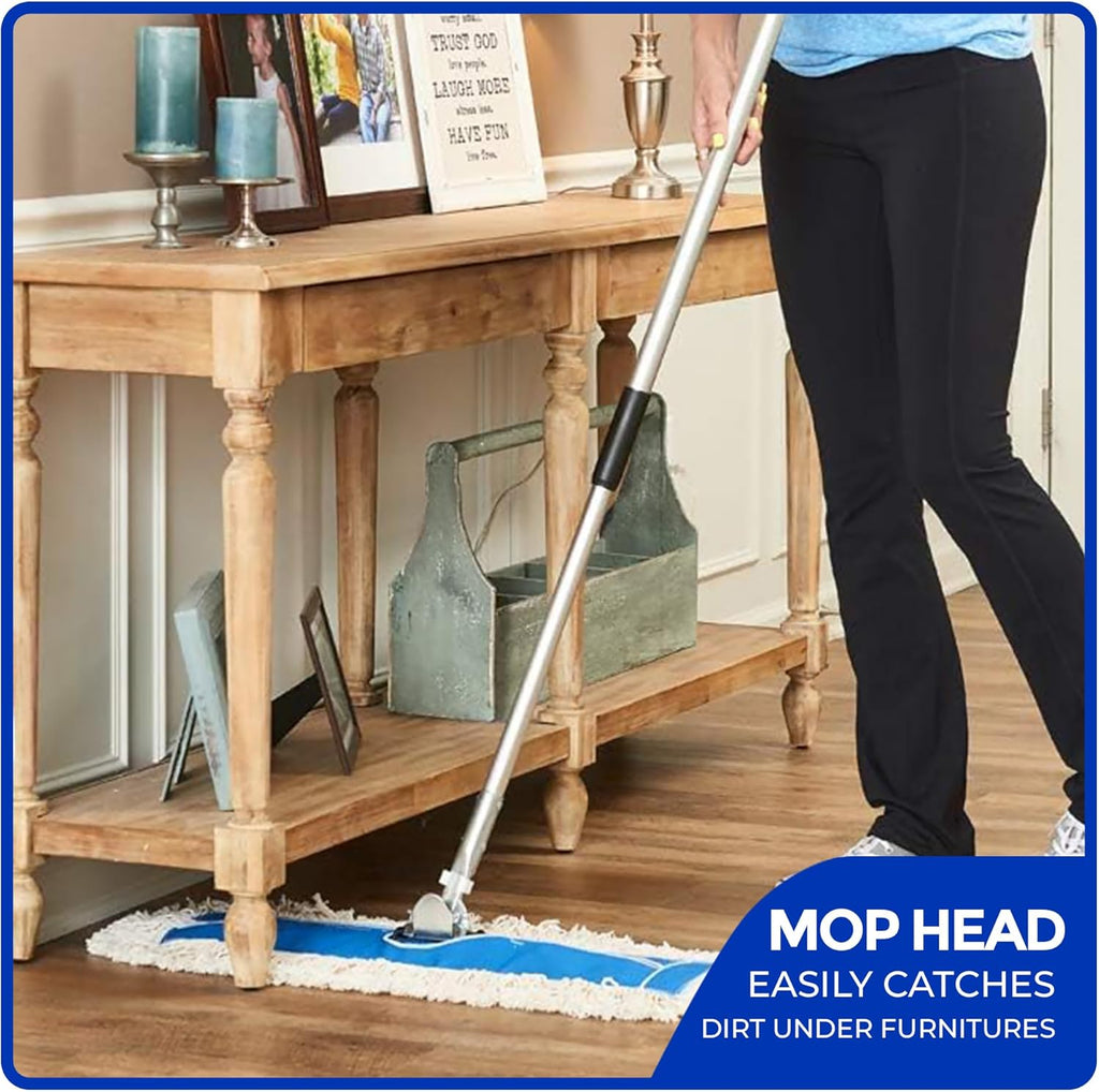 Nine Forty 18" Premium Cotton Dust Mop Kit - Heavy Duty Mop Head with Handle for Industrial, Commercial, and Residential Cleaning - Dry Floor Duster for Hardwood Surfaces - White