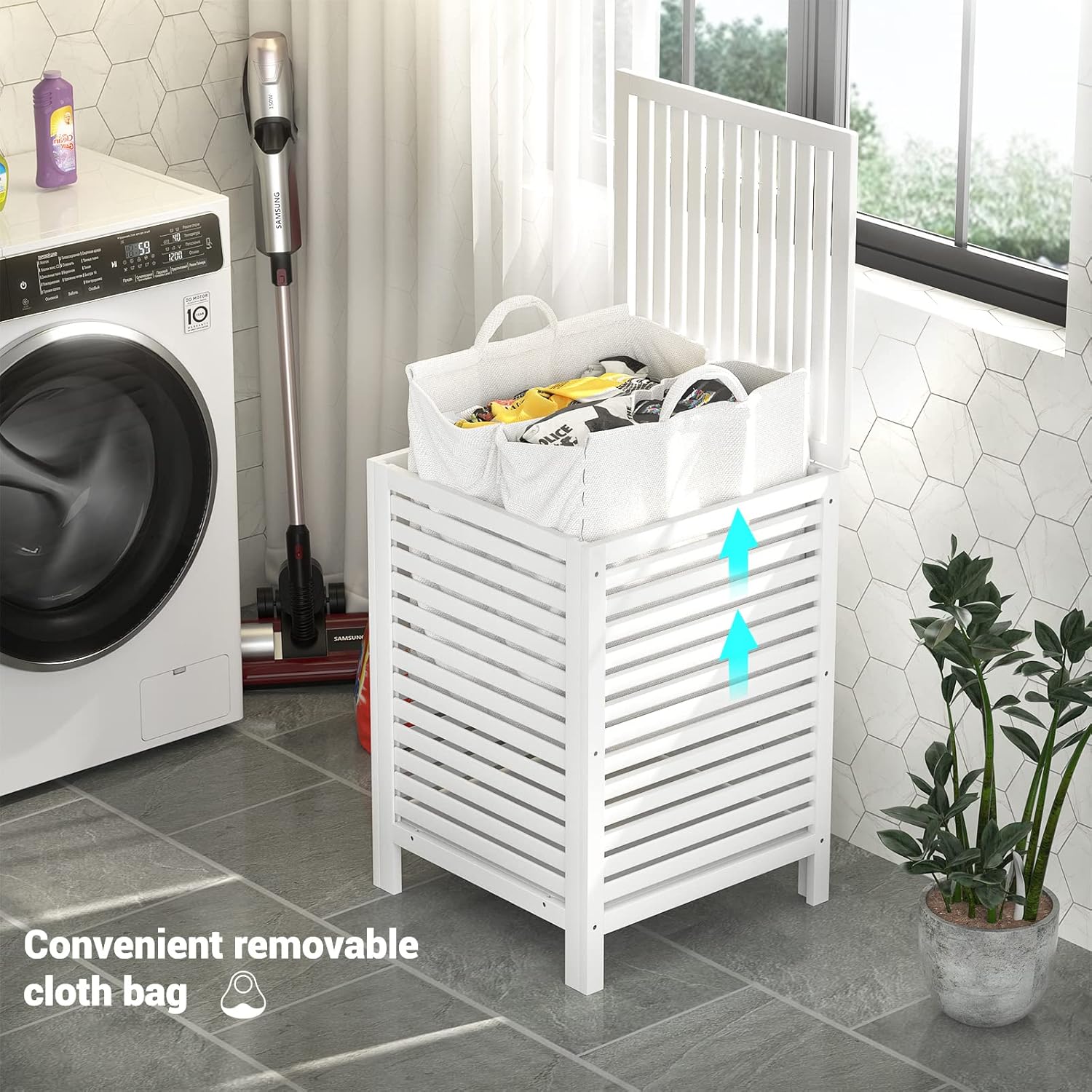 Homykic Bamboo Laundry Hamper with Lid, 120L Large Clothes Laundry Sorter with Removable 2-Section Liner Bag, Raised Laundry Basket Organizer for Clothing, Bathroom, Bedroom, Laundry Room, White