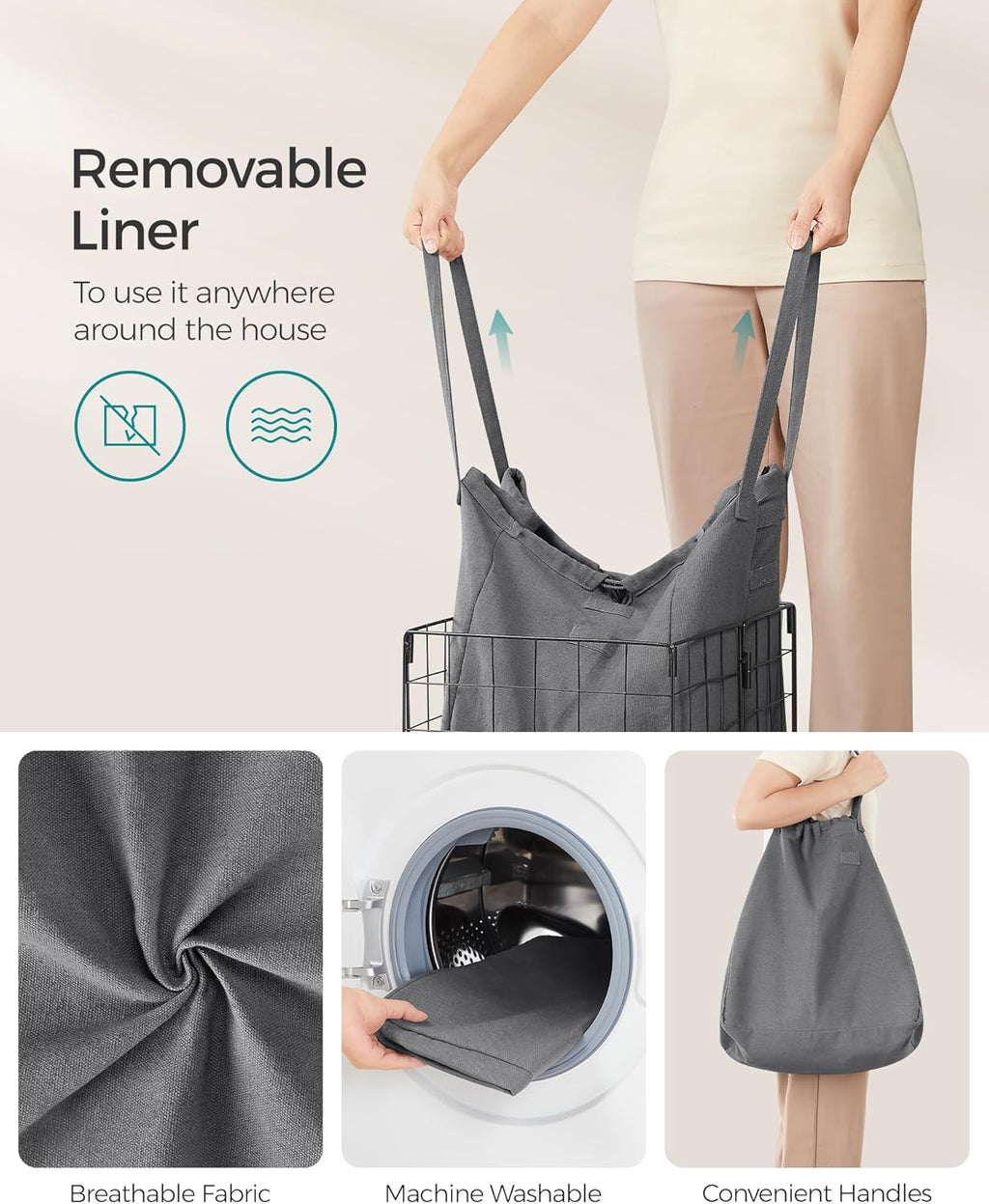 SONGMICS Laundry Hamper, 11 Gal. (50L) Laundry Basket, Collapsible Clothes Hamper, Removable and Washable Liner, Metal Wire Frame, for Bedroom Bathroom, Black and Gray ULCB150G01