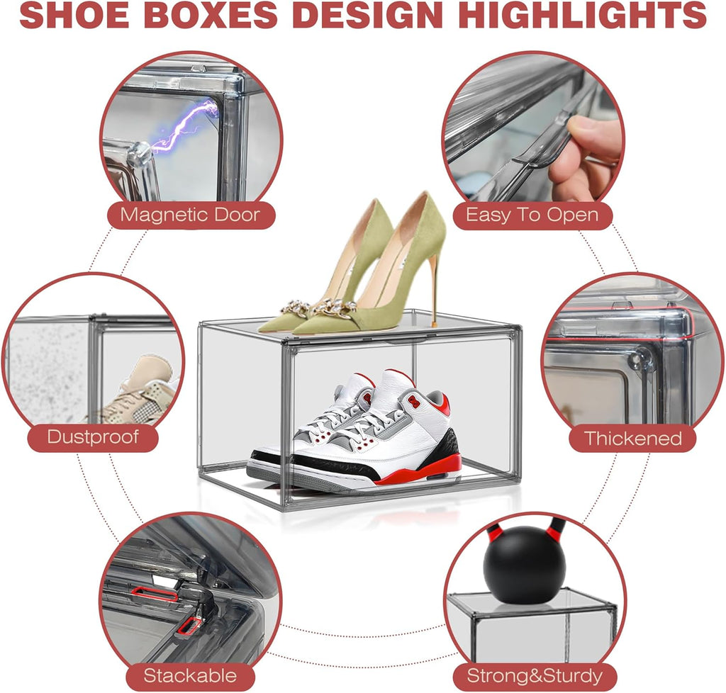 4 Pack Grey Shoe Storage Boxes Clear Plastic Stackable Shoe Display Case with Magnetic Door, Easy Assembly Fit up to US Size 13