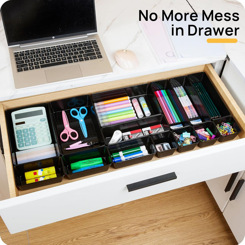 Vtopmart 44 PCS Plastic Drawer Organizers Set, 4-Size Versatile Bathroom and Vanity Organizer Trays, Non-Slip Storage Containers for Makeup, Jewelries, Bedroom，Kitchen Utensils and Office, Black