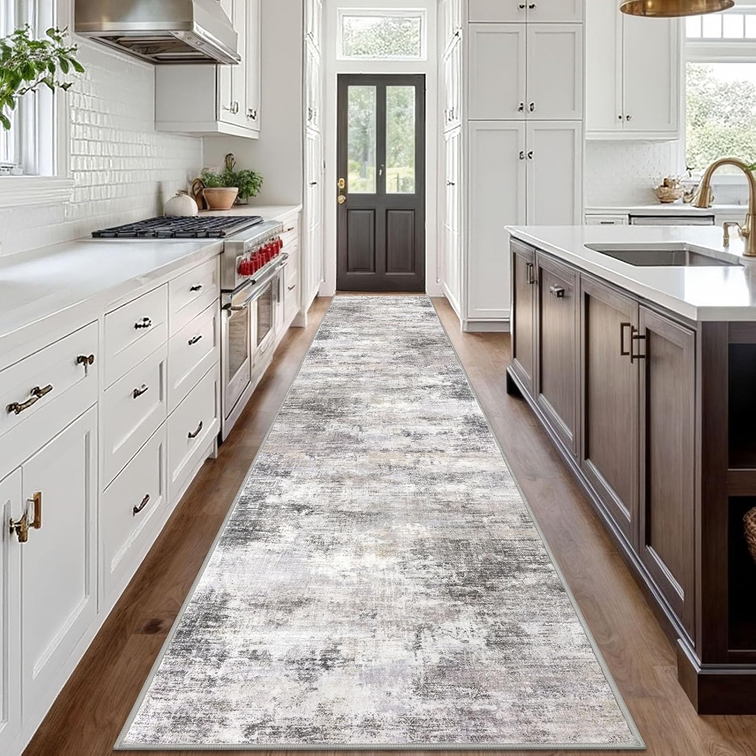 IOHOUZE Abstract Runner Rug 3x18 Ft Washable Runners for Hallways, Non Slip Kitchen Runner Printed Faux Wool Entryway Runner Indoor, Modern Abstract Floor Carpet for Hall Stair, Grey Beige