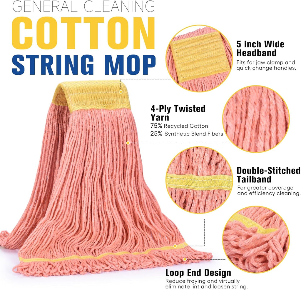 Matthew Cleaning Commercial Mop Head Replacement, 5 Inch Wide Headband, Looped End Cotton Blend String Wet Mops for Floor Cleaning, 24 oz Large, 6-Pack Orange