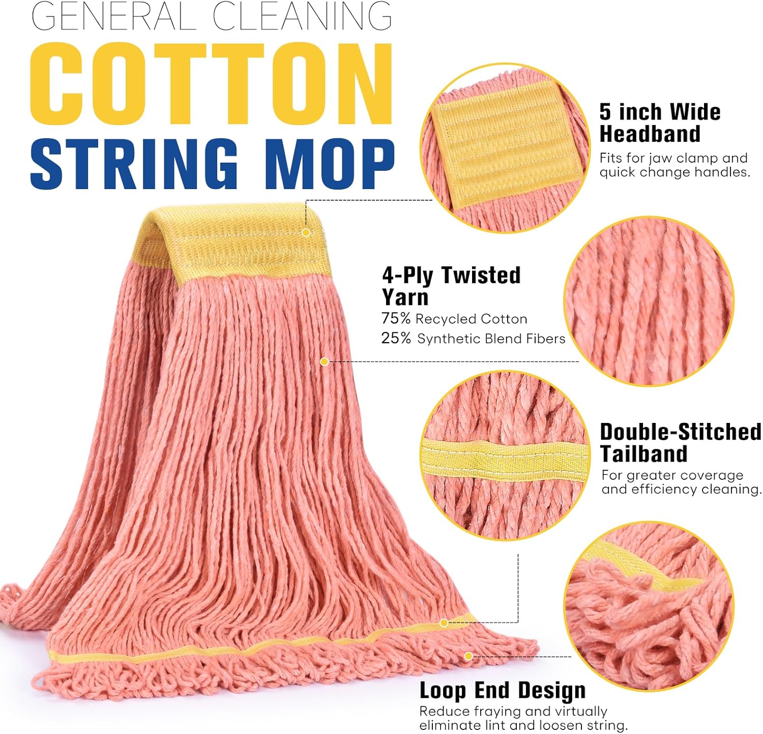 Matthew Cleaning Commercial Mop Head Replacement, 5 Inch Wide Headband, Looped End Cotton Blend String Wet Mops for Floor Cleaning, 24 oz Large, 3-Pack Orange