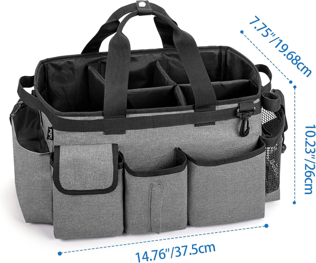 LoDrid Large Wearable Cleaning Caddy Bag with Detachable Divider, Cleaning Organizer with Handles, Cleaning Supply Tote with Adjustable Shoulder Strap for Cleaners & Housekeepers, Grey