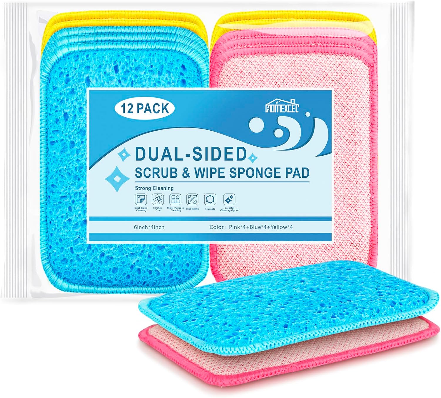 HOMEXCEL 12 Pack Scrub & Wipe Cloths, Dual-Sided Sponges for Kitchen, All-Purpose Cloth for Dishes, Pots, Pans, Non-Stick Cookware, Countertops (Red, Yellow, Blue)