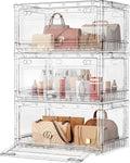 BROVIEW Clear Stackable Storage Bins Drawers, Open Front Large Plastic Storage Bins with Lids, Foldable Closet Organizers and Storage for Wardrobe Cabinets, Pantry, Makeup,3 Pack