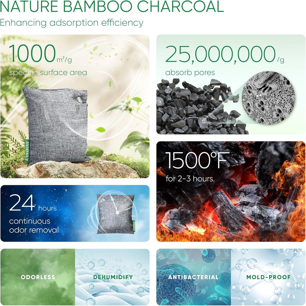 Activated Charcoal Odor Absorber, Large 10 Pack w Hooks Nature Odor Remover for Strong Odor, Bamboo Charcoal Air Purifying Bags, Odor Eliminator for Home Car Closet Pet, Smoke Deodorizer