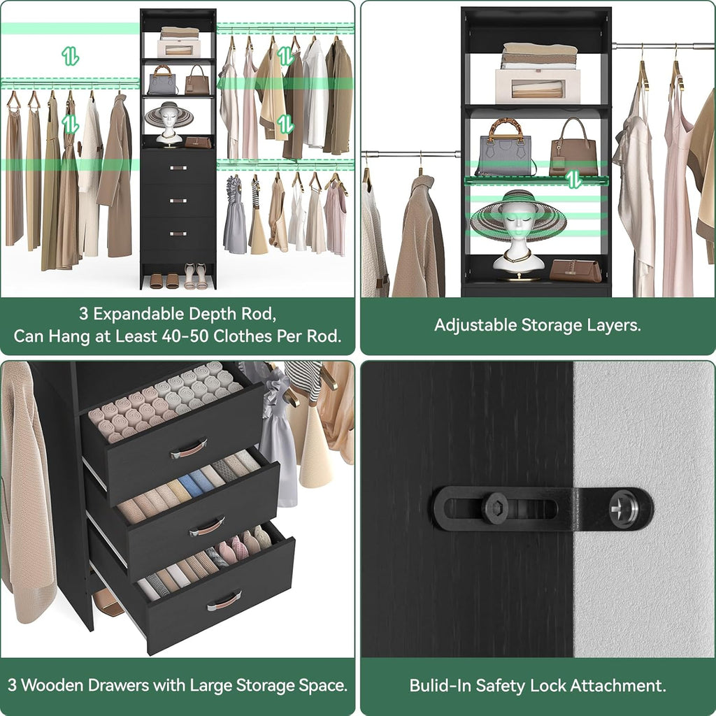 96'' Closet Organizer System with 3 Hanging Rods (Without 3 Storage Shelves), 8FT Closet Systems, Wall Mount Bedroom Wardrobe with 3 Wood Drawers, Adjustable Garment Rack from 5 to 8FT, Black