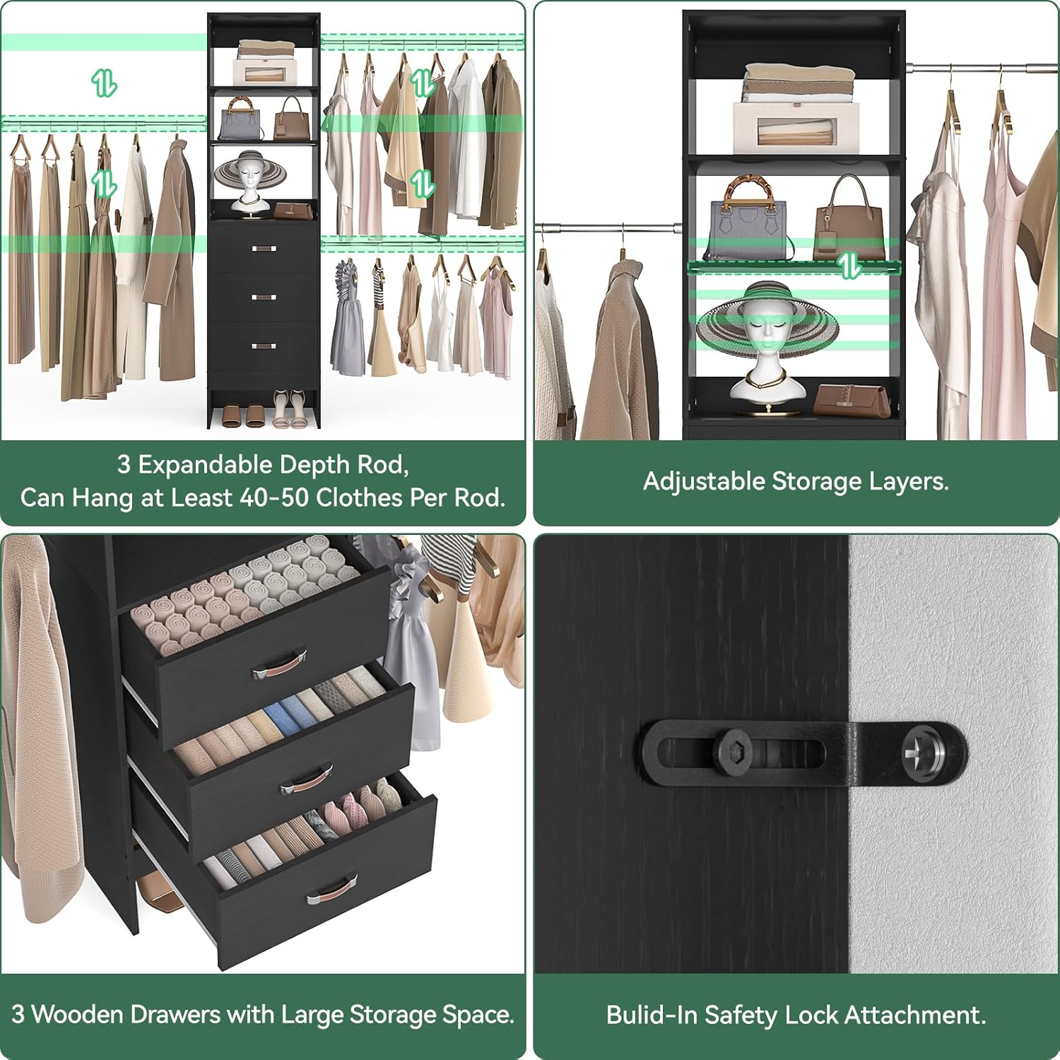 96'' Closet Organizer System with 3 Hanging Rods (Without 3 Storage Shelves), 8FT Closet Systems, Wall Mount Bedroom Wardrobe with 3 Wood Drawers, Adjustable Garment Rack from 5 to 8FT, Black