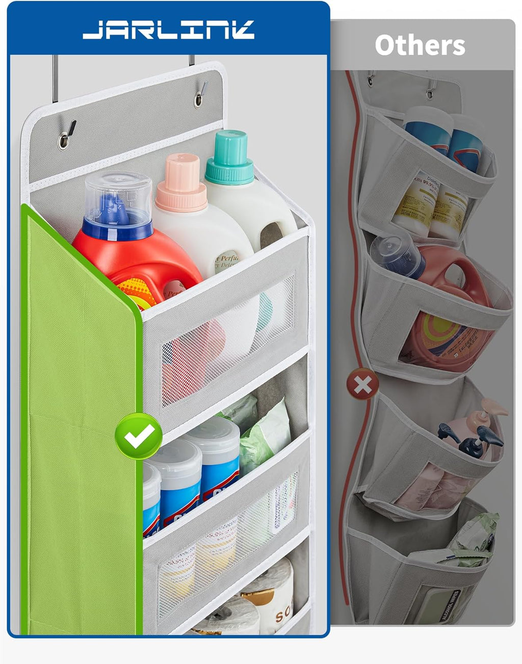 JARLINK 2 Pack Over The Door Organizer, 5 Shelf Door Hanging Organizer with 5 Large Pockets, 44 lbs Weight Capacity Hanging Storage for Bathroom, Bedroom, Nursery, RV, Pantry (Light Grey)