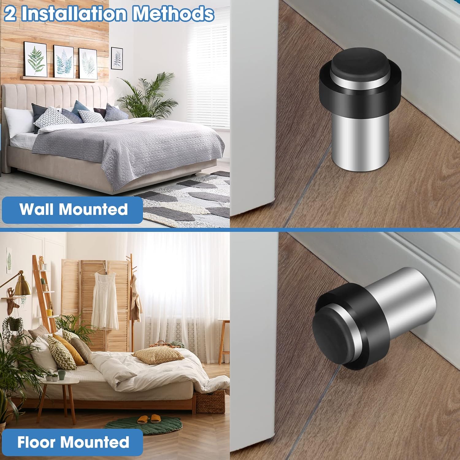 Chumia 10 Pcs Door Stopper Mounted Floor Stops Stainless Steel Cylindrical Stopper Modern Decorative Rubber Bumper Stops Holder Wall Protector for Bottom or Top of Door (Silver)